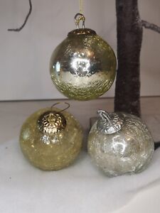 3 Crackle Glaze Christmas Baubles Balls Heavy 7cm Silver Yellow Slight Damage