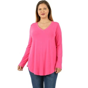 Zenana Plus Size Long Sleeve T-shirt for Women Bright Pink V-Neck - Picture 1 of 1