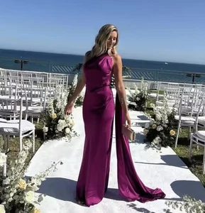 Maxi Vestido Púrpura Invitado de Boda Satén, Largo Halter Vestido de Noche -Talla S (Reino Unido 6/8) - Imagen 1 de 8