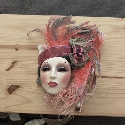 Vintage Clay Art Lady Face Mask w/Feathers Ceramic Wall Hanging - Image 1 of 4
