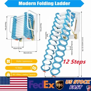 Attic Ladder Wall Mounted Ladder Folding Stairs 12 Steps Pull Down Ladder - Picture 1 of 9