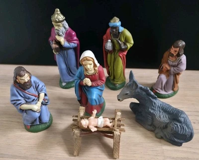 VINTAGE Set Alte Krippenfiguren Hart Kunststoff Maria Josef Esel Jesuskind TOP - Bild 1 von 4