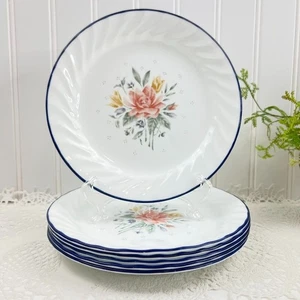 Corelle By Corning Promise 6 Salad Dessert Plates 7.25" White Navy Trim Floral - Picture 1 of 11