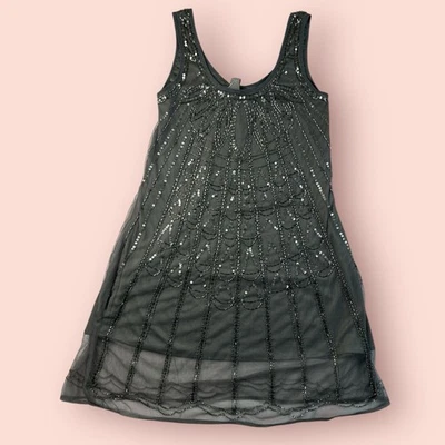 Mini Vestido Y2K Con Cuentas Adornado Gris Aleta Sin Mangas Cóctel Talla Pequeña Foto 1 de 4