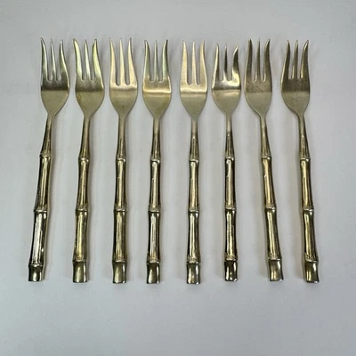 Lote de 8 garfos de frutos do mar vintage de 3 dentes aparência bambu dourado/latão 7” - Imagem 1 de 4