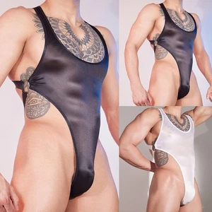 For Mens High Cut Bodysuit Shiny Oil Glossy Stretchy Thin Rompers Playsuits - Picture 1 of 22