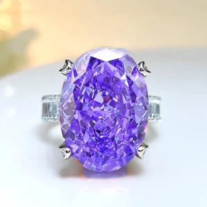 New 16mm Ice Flower Cut High Carbon Purple Kunzite Gems Luxury Women Silver Ring - Picture 1 of 7