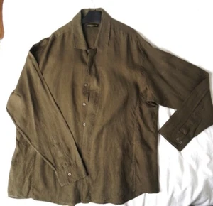 DONNA KARAN Size XL Long Sleeve Shirt GREEN Pure Linen Vintage 90s Logo Button - Picture 1 of 12