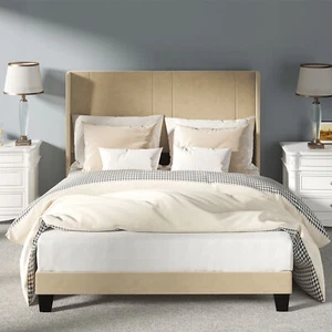 Queen Platform Bed Frame with Upholstered Tufted Headboard Mattress Foundation - Picture 1 of 5