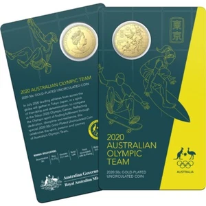 2020 UNC 50c Tokyo Olympic Games Australian Team Round Gold Plated Coin Card - Picture 1 of 3