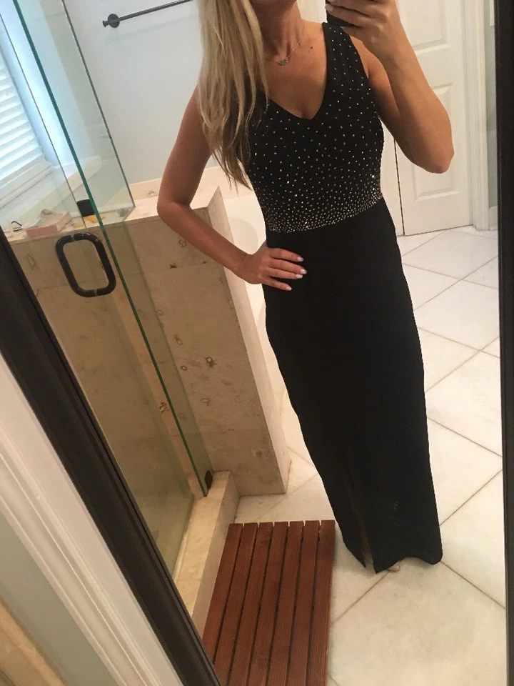 Carmen Marc Valvo Signature Dress S 4 Studded Jersey Gown Black Silver Slit Gorg - Image 1 of 4