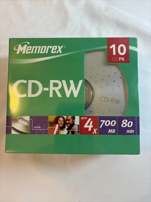 Memorex CD-RW 10 Pack 4x 700MB 80 Min Compact Rewritable Discs Rewritable NIB - Image 1 of 2