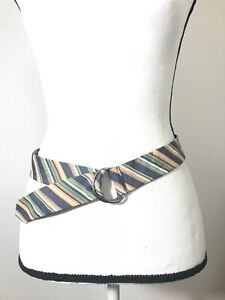 Women's Belt XL Gray White Orange Canvas Fabric D Ring Striped Casual Ladies