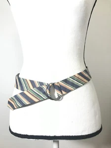 Women's Belt Large Gray White Orange Striped Fabric D Ring Casual Dress Ladies - Picture 1 of 10