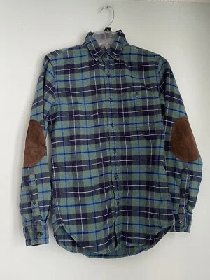 J. Crew Blue Green White Plaid Flannel Leather Elbow Patch Cotton Wool Shirt XS - Image 1 of 3