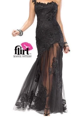 Maggie Sottero Flirt Black One Shoulder Beaded, Lace Dress. Size 2. - Image 1 of 4