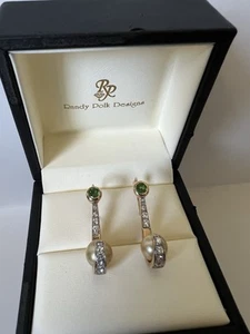 Randy Polk 14K Gold Earrings 9mm Golden Pearls, Diamonds & Tsavorite Garnets - Picture 1 of 6