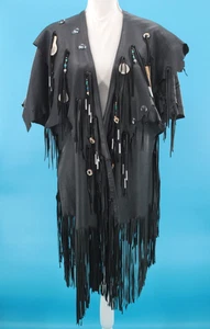 VTG Blue Bonnet Rose Womens 90s Black Leather Fringe & Antler Jacket / Vest Sz M - Picture 1 of 24