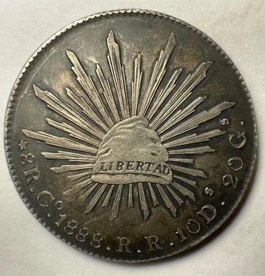 Moneda de plata México 1888 Go RR Guanajuato Mint 8 reales .9027 27,04 g buen tono Foto 1 de 2