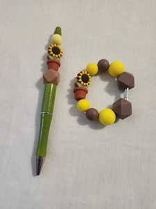 Bead Pen & Cup Charm Matching Combo Fall Sunflower Green Brown Yellow Silicone - Picture 1 of 4