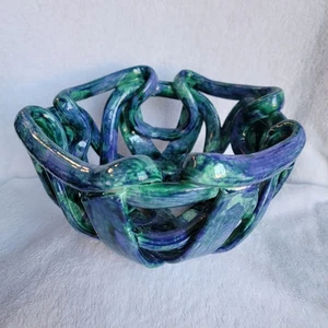 Handmade Post Modern Blue Green  Braided Basket Weave Ceramic Decorative Bowl - Picture 1 of 10