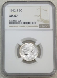1942-S Jefferson Silver Nickel NGC MS67 Frosty White Luster Premium coin #V160C - Picture 1 of 4