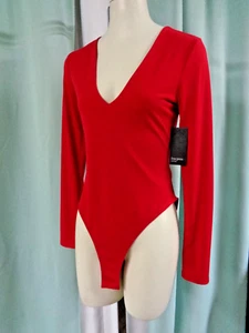 FREE PRESS LONG SLEEVE PLUNGING V-NECK BRIGHT LIPSTICK RED BODYSUIT TOP M NEW - Picture 1 of 6