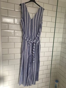 Linen Blend Breton Stripe Jumpsuit Size 20 Denim Chambray Striped Blue White F&F - Picture 1 of 7