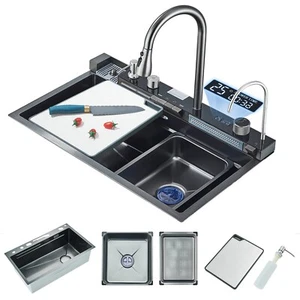 Küchenspüle Wasserfallspüle mit versenkbarem Wasserhahn Edelstahl SpülbeckenSet - Bild 1 von 23