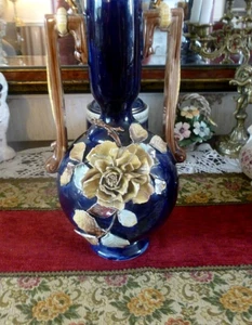 Antique Majolica Impressionnist Cobalt Blue Large Vase 19th century 13.5"in - Picture 1 of 10