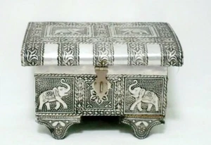 Antique Vintage Indian Elephant & Floral Ornate Metal Handmade Jewelry Box - Picture 1 of 8