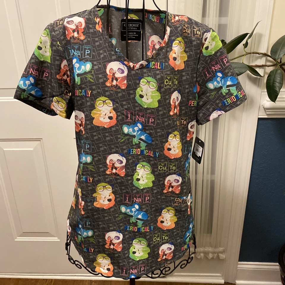 New Cherokee Modern Classic Grey Science Animals Extra Small XS women scrub top - Image 1 of 4