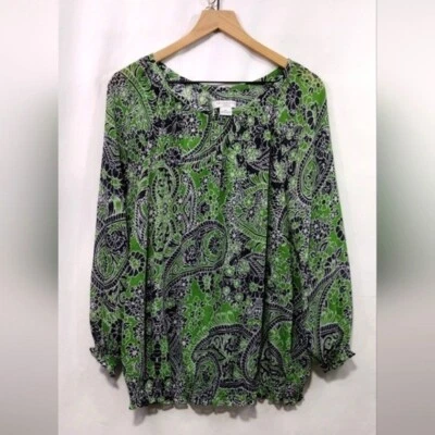 Blusa Liz Claiborne Paisley Para Mujer 2X Verde Negra Artística Retro Cottagecore Foto 1 de 4