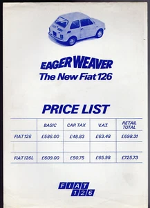 Fiat 126 594cc Price List 1973 UK Market Single Sheet Brochure Base & L - Picture 1 of 1
