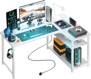 L Shaped Gaming Desk 110x80CM with Power Outlets Corner Computer Desk with Shelv - Picture 1 of 8