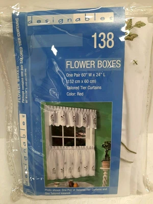 NIP 'Designables' Pair Tiered Curtains 60" W x 24" L White Embroidered Red Roses - Image 1 of 4