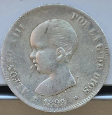 Spain 1892 (92) PG-M 2 Pesetas Silver Coin - Image 1 of 2