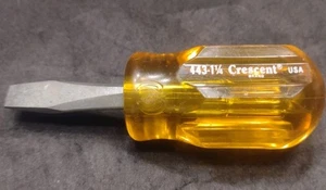 Vintage Crescent Rhino 443-1 1/4 U.S.A Flathead Screwdriver Stubby Yellow 3.5" - Picture 1 of 3