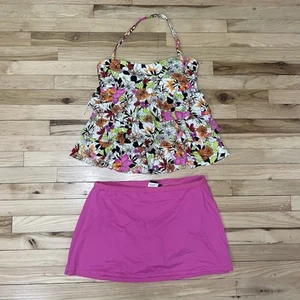 Island Escape Floral Tankini Ruffle Top (Size 12) Pink Skirt Bottom (Size 14) - Picture 1 of 6