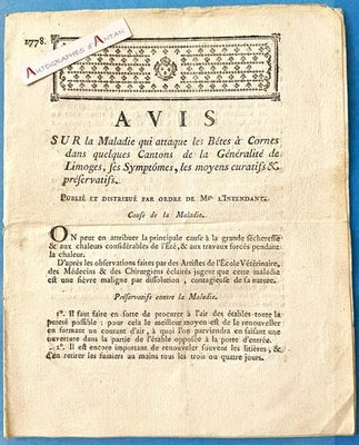 ● 1778 Avis s/ maladie qui attaque les bêtes à cornes Généralité de Limoges 6p - Photo 1/4