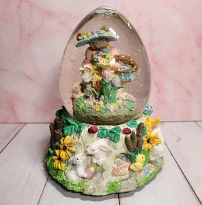 Easter Bunnies Egg Shaped Snow Globe Music Box- Working! Springtime Collectible - Picture 1 of 5