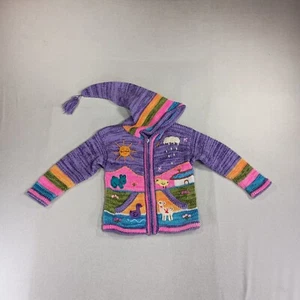 Andes Import Alpaca Cardigan Youth Size 6 Purple Rainbow Hooded Embroidered Peru - Picture 1 of 10