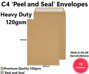 Hevy Duty A4 Envelopes C4 Envelopes Manilla Peel and Seal 120gsm 229mm x 324mm - Picture 1 of 6