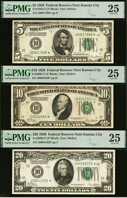 1928 $5 $10 & $20 FRN Kansas City PMG 25 - Redeemable in Gold On Demand -  Star - Image 1 of 4