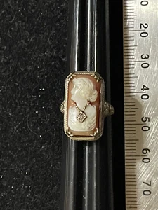 Vintage Cameo 14k White Gold With Diamond Chip Art Deco Ring Size 4 - Picture 1 of 12