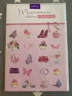 BRAND NEW HALLMARK MOTHER'S DAY CARD FOR MUM PINK SHOES FLOWERS BUTTERFLY CAKE - Image 1 of 3