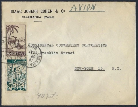 MOROCCO JUDAICA 1947 CASABLANCA TO NEW YORK AIR MAIL COVER Cover