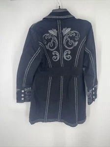 VTG Midnight Velvet Women Embroidered Long Blue Denim Jacket Size Medium - Picture 1 of 6
