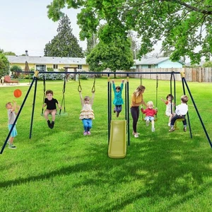 All-in-1 Kids Swing Set Outdoor Backyard Playground Heavy-Duty Metal Swing Frame - Picture 1 of 46