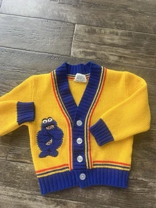 Vintage 70s Sesame Street Cookie Monster Sweater Size 3t Flaw Toddler Cardigan - Picture 1 of 9